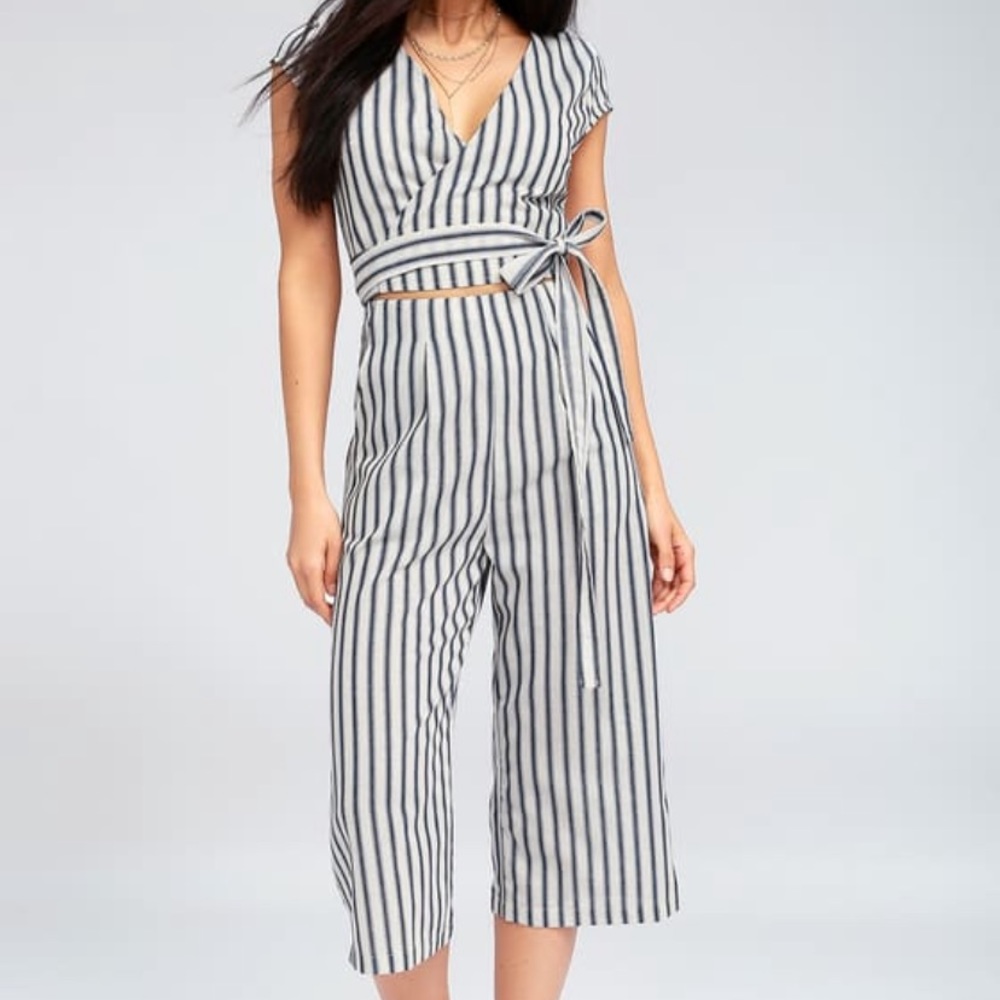 Blue and White Striped Wrap Culotte Jumpsuit